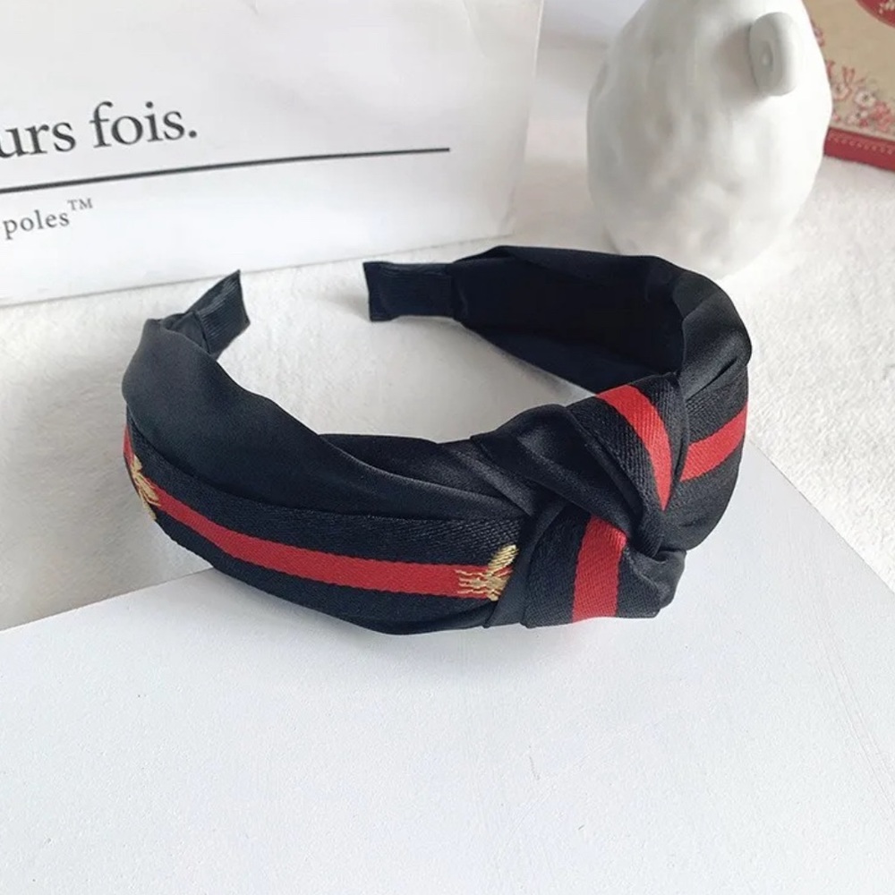 NWT Black / Red Headband Bee Pattern Silk Satin
